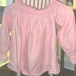 Pale dusty rose off the shoulder blouse with bow tie in back